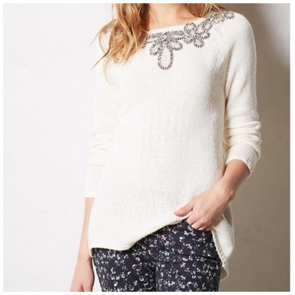 Anthropologie Angel of the North Bobine Tunic Sweater Medium Cream Embroidered